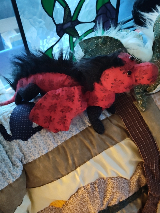 handsewn Other - Plush Dragon Handsewn- Red Black Black Faux Fur Mohawk Red Eyes